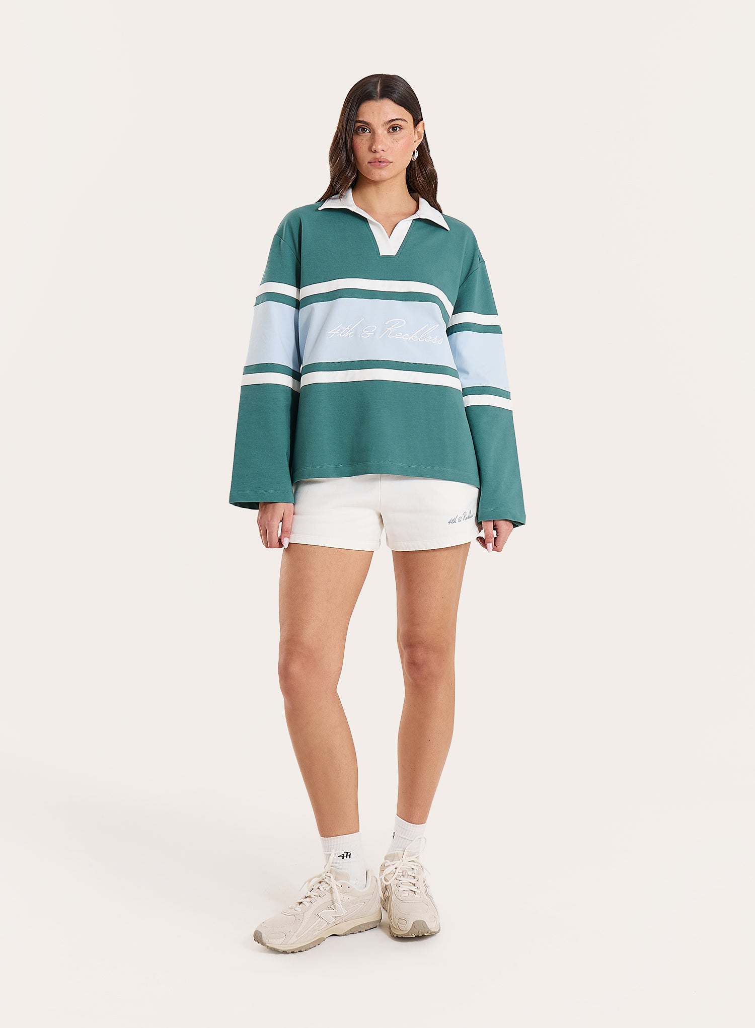 Green And Blue Stripe Panelled Branded Rugby Top